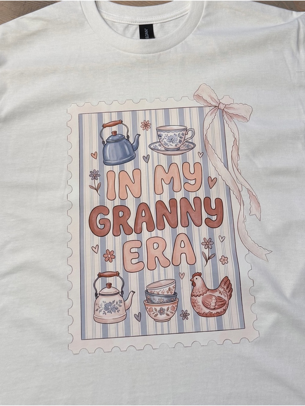 Gildan White Tee "In My Granny Era" Pastel Tea and Bow Graphic